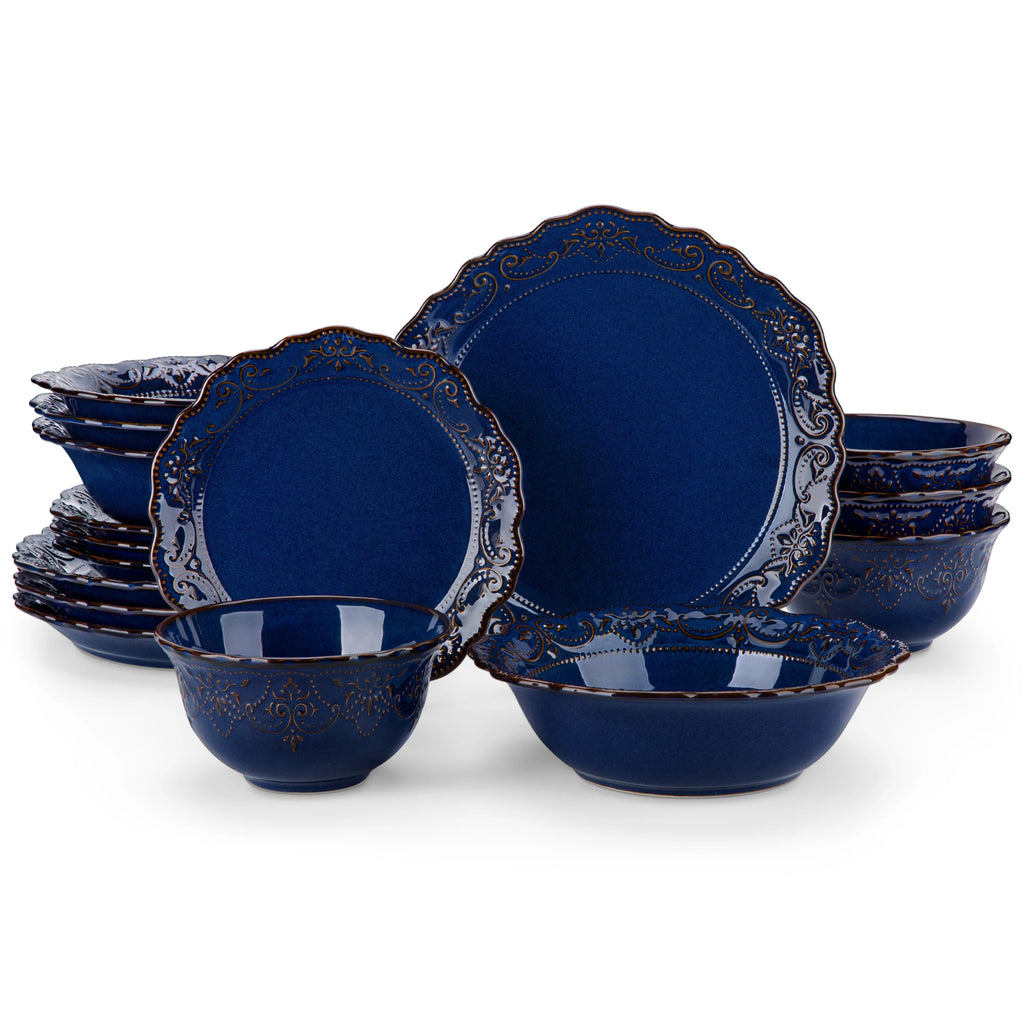 Porzellan MALACASA 16-teiliges Relief Blue Reactive Glaze Plates Geschirrsets Keramik-Geschirrset mit 4-teiligem Speiseteller/Dessert/Schüssel/Suppe Geschirrsets Europa CE-zertifiziert Premium Qualitaet Kostenloser Versand