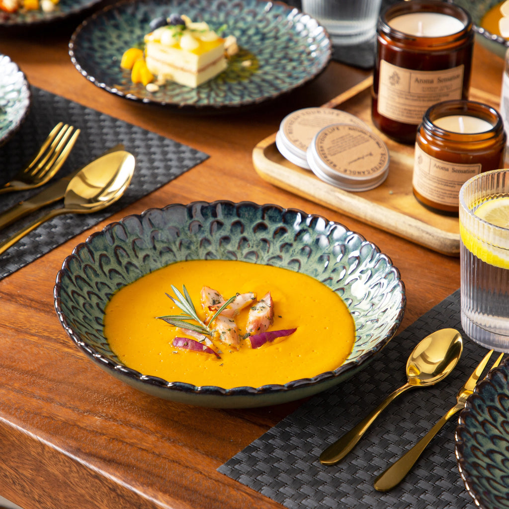 vancasso Grünes Geschirr aus Keramik, 12/24-teiliges Steinzeug-Geschirr, Chrys-Kombinationsset aus strukturiertem Keramik, Service für 6/12 Personen Geschirrsets Europa CE-zertifiziert Premium Qualitaet Kostenloser Versand