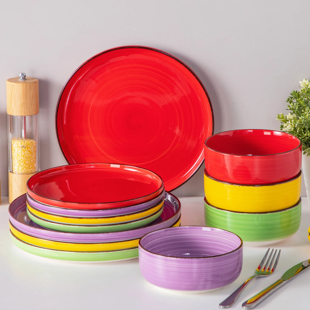 Vancasso Keramik-Teller-Set 12/18/24-teilig Gemischte Farben – Handbemalt Spiralmuster Geschirrsets Europa CE-zertifiziert Premium Qualitaet Kostenloser Versand