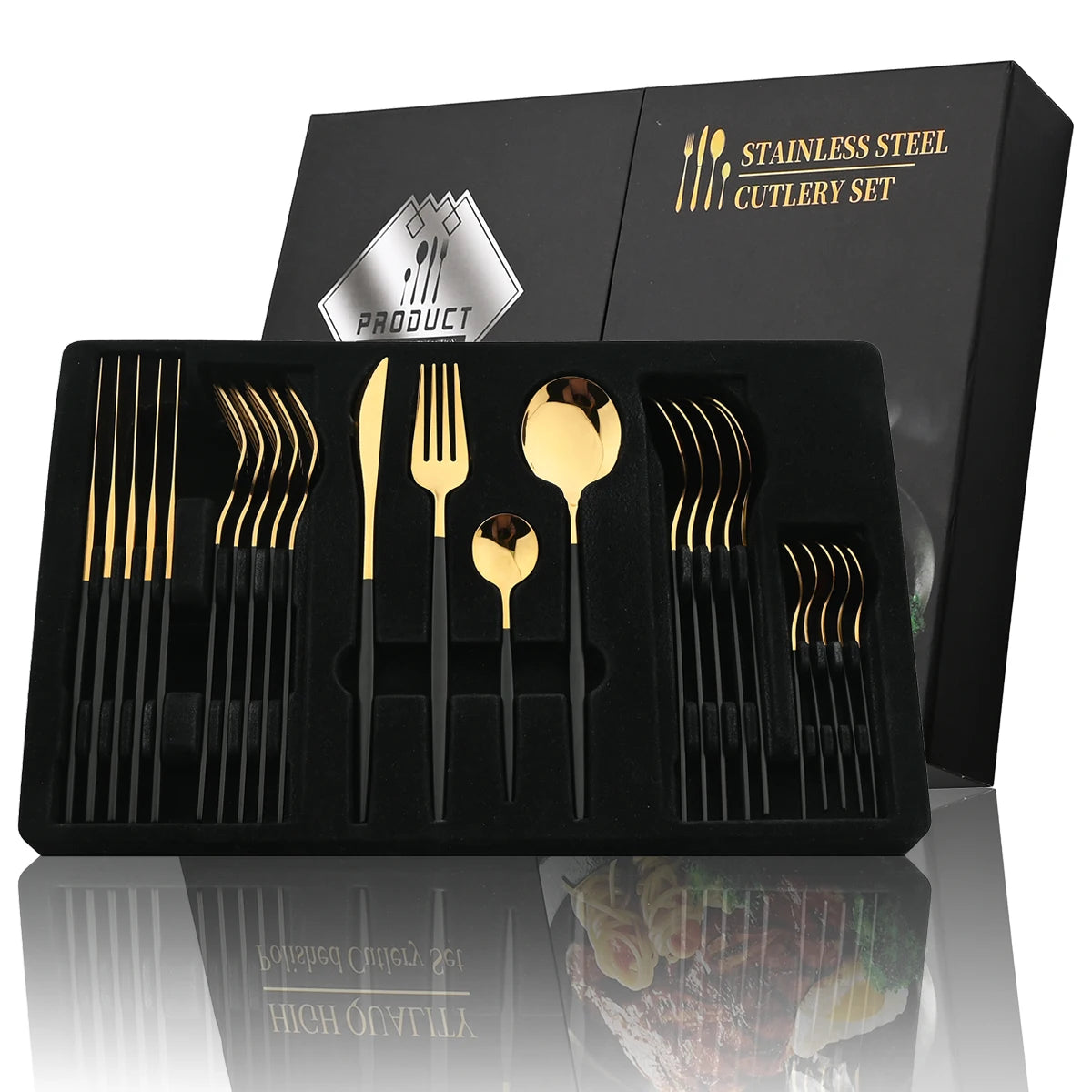 Premium Besteckset 24-teilig Gold-Schwarz – Elegantes Edelstahl-Besteck für 6 Personen Geschirrsets Europa CE-zertifiziert Premium Qualitaet Kostenloser Versand