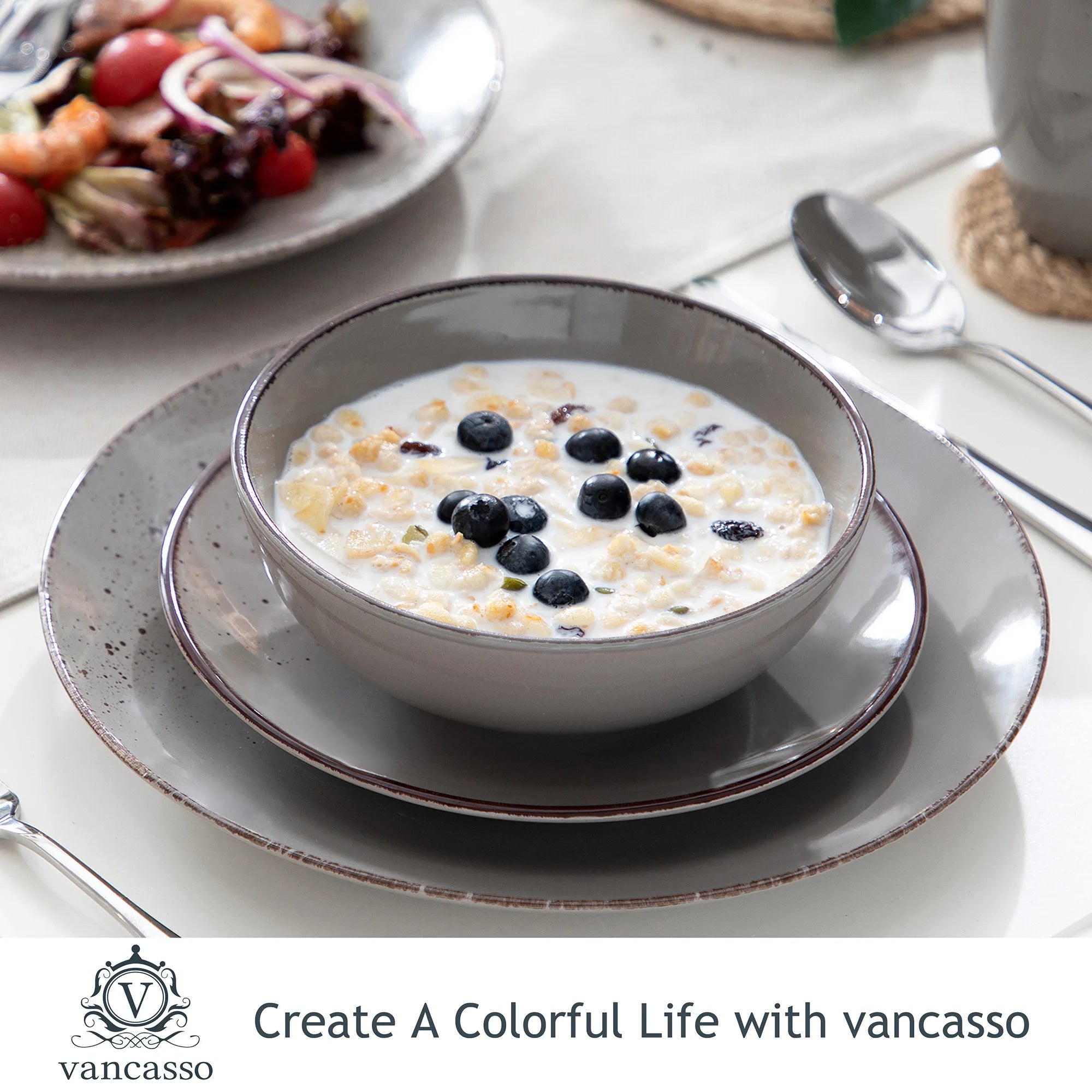 Vancasso Navia Grau 16/32/48-Stück Keramik Steinzeug Geschirr Set mit Teller, Dessert Platte, 800ml Schüssel, Becher Geschirr Set Geschirrsets Europa CE-zertifiziert Premium Qualitaet Kostenloser Versand