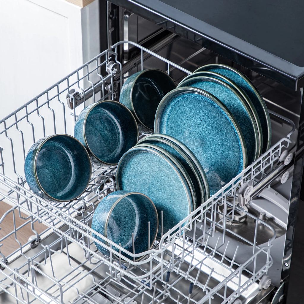 Vancasso Keramik-Teller-Set 12/24-teilig Blaue Reaktivglasur – Vertikale Kante Geschirrsets Europa CE-zertifiziert Premium Qualitaet Kostenloser Versand