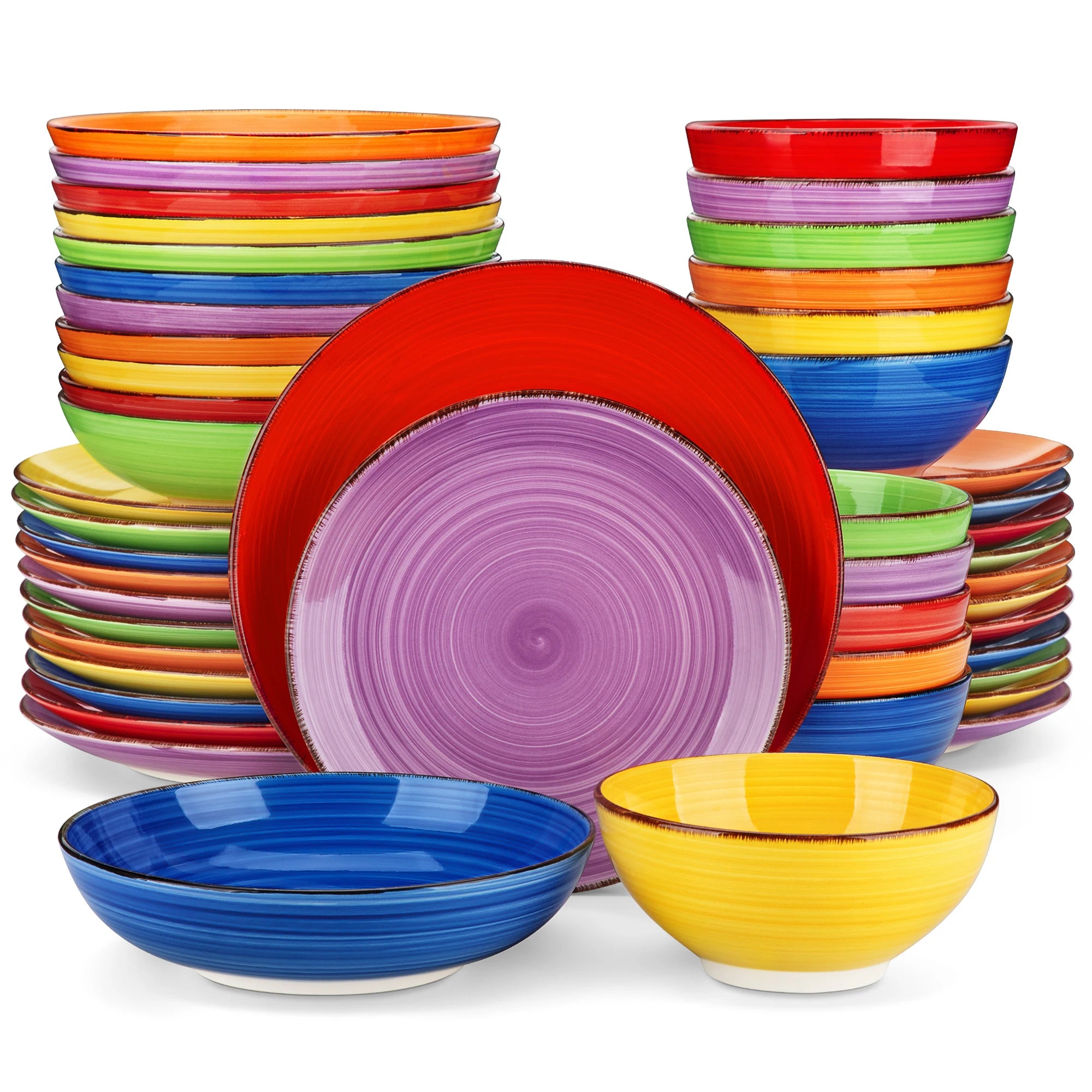 Vancasso Keramik-Geschirrset 48-teilig Farbig Handbemalt – Spiralmuster Teller, Dessert, Schüssel, Suppenteller Geschirrsets Europa CE-zertifiziert Premium Qualitaet Kostenloser Versand