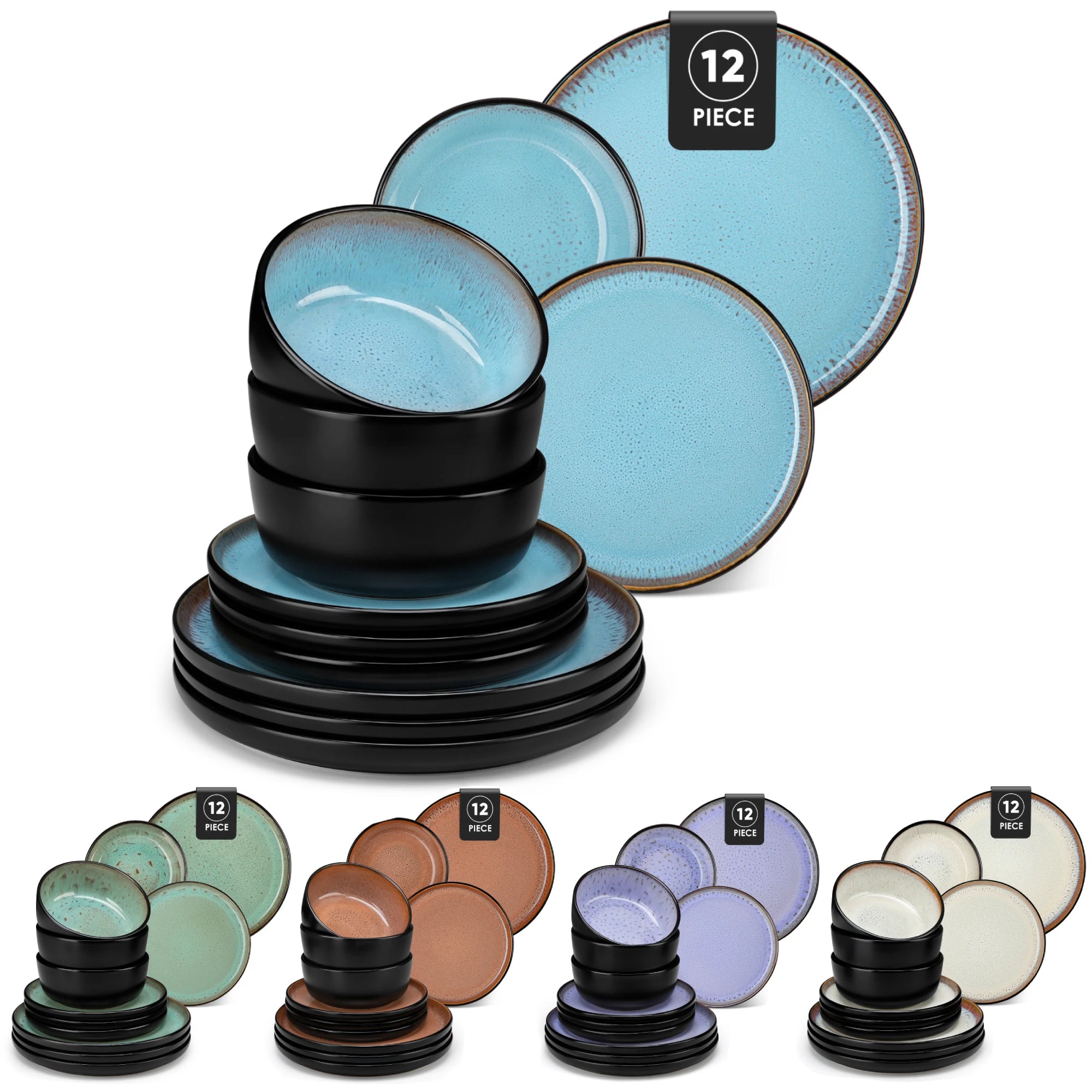 Vancasso AMBER Keramik-Geschirrset 12/16-teilig Mattschwarz Steinzeug – Teller, Dessert, Schüssel, Suppe Geschirrsets Europa CE-zertifiziert Premium Qualitaet Kostenloser Versand