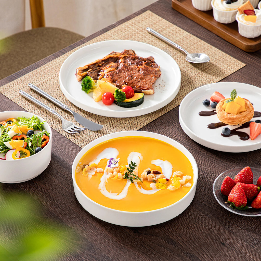 Porzellan MALACASA 12/16/18/24-teiliges Speiseteller-Set, schwarzer Rand, halbstehende Kante, Geschirr mit 4/6 Stück Speiseteller/Dessert/Suppe/Schüssel Geschirrsets Europa CE-zertifiziert Premium Qualitaet Kostenloser Versand