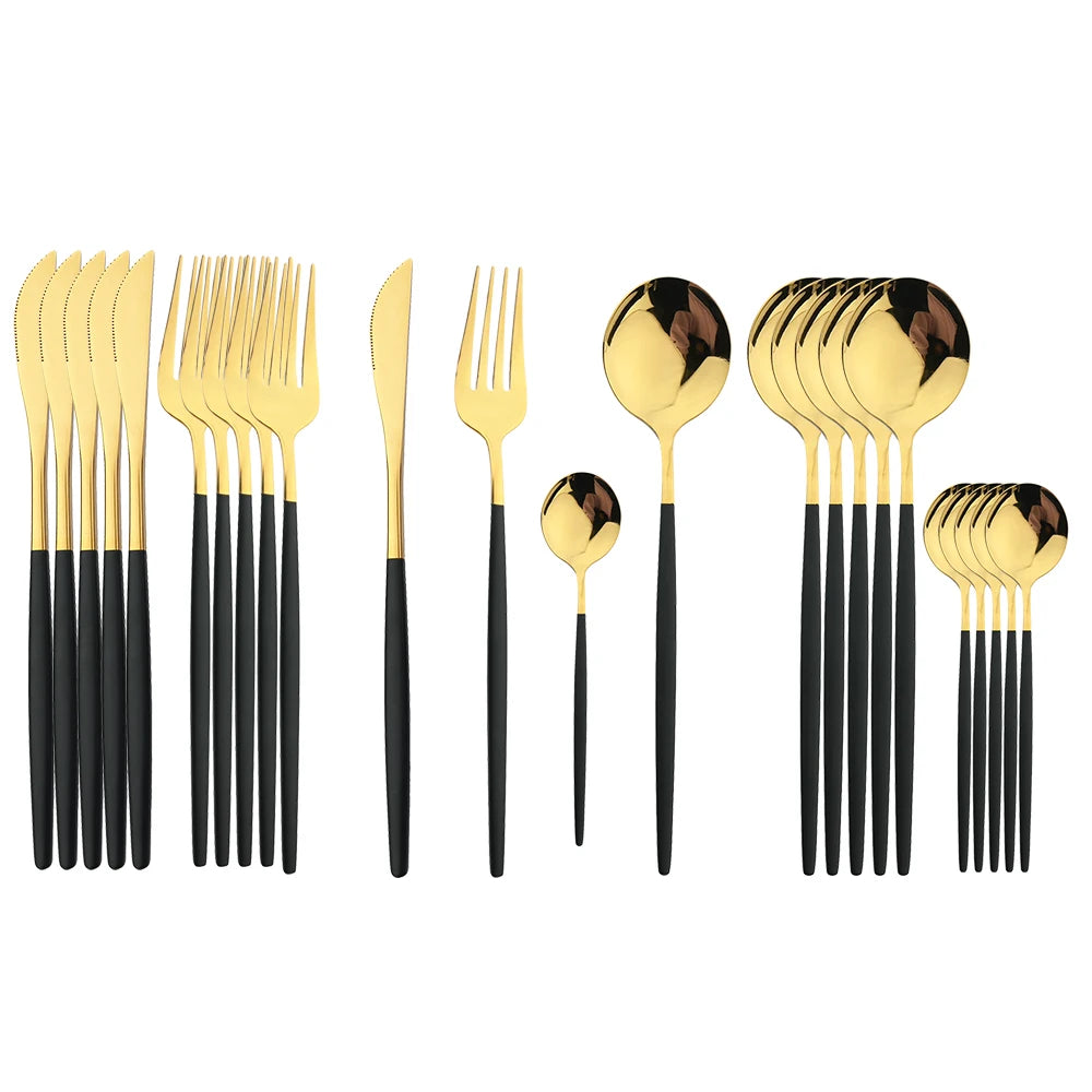 Premium Besteckset 24-teilig Gold-Schwarz – Elegantes Edelstahl-Besteck für 6 Personen Geschirrsets Europa CE-zertifiziert Premium Qualitaet Kostenloser Versand