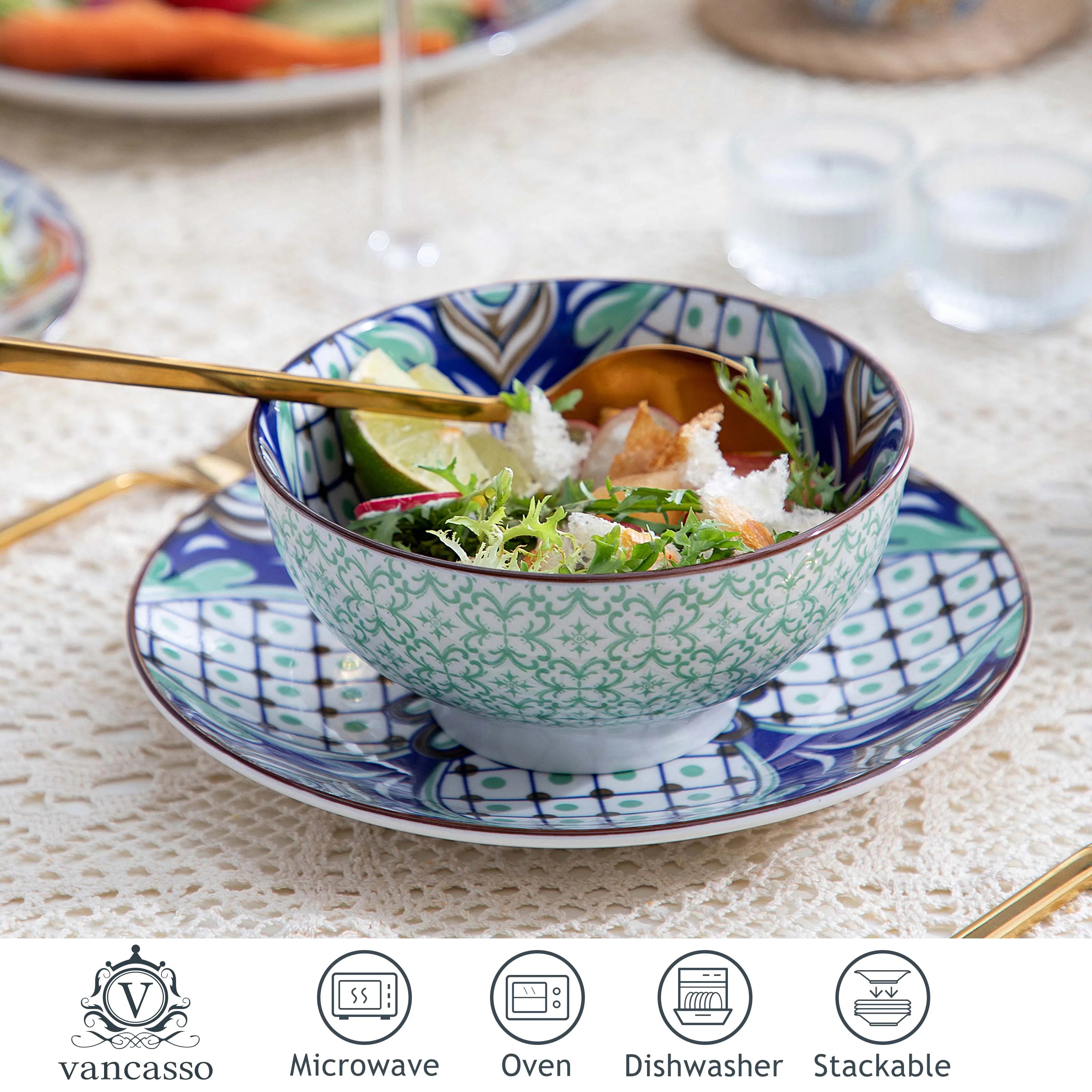 VANCASSO 16/32/48-Stück Jasmin Muster Porzellan Geschirr Geschirr Abendessen Set mit Teller, Dessert Platte, schüssel, Becher Set Geschirrsets Europa CE-zertifiziert Premium Qualitaet Kostenloser Versand