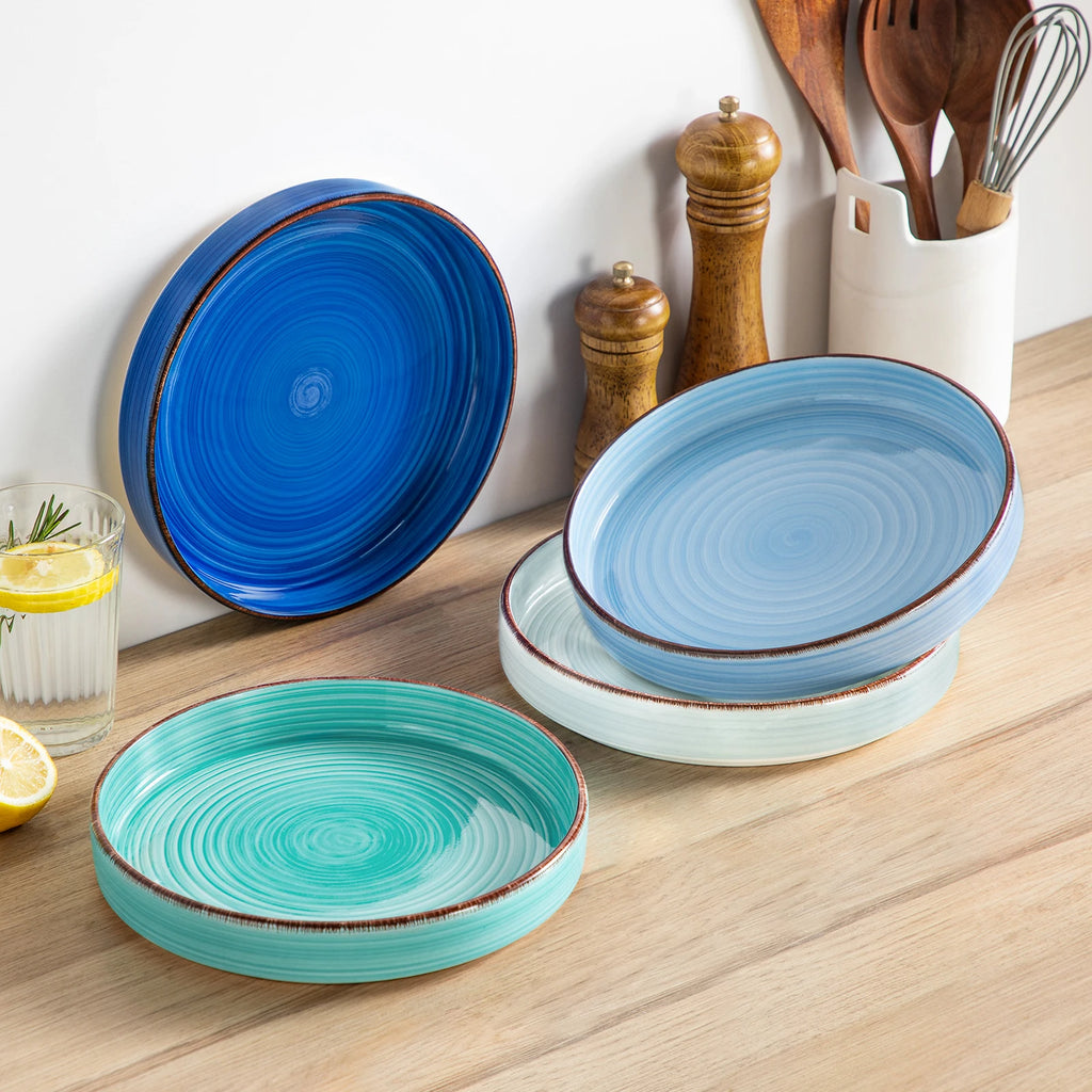 Vancasso Große Nudelplatte 380ml Blau Mehrfarbig Handbemalt – Spiralmuster für 4 Geschirrsets Europa CE-zertifiziert Premium Qualitaet Kostenloser Versand