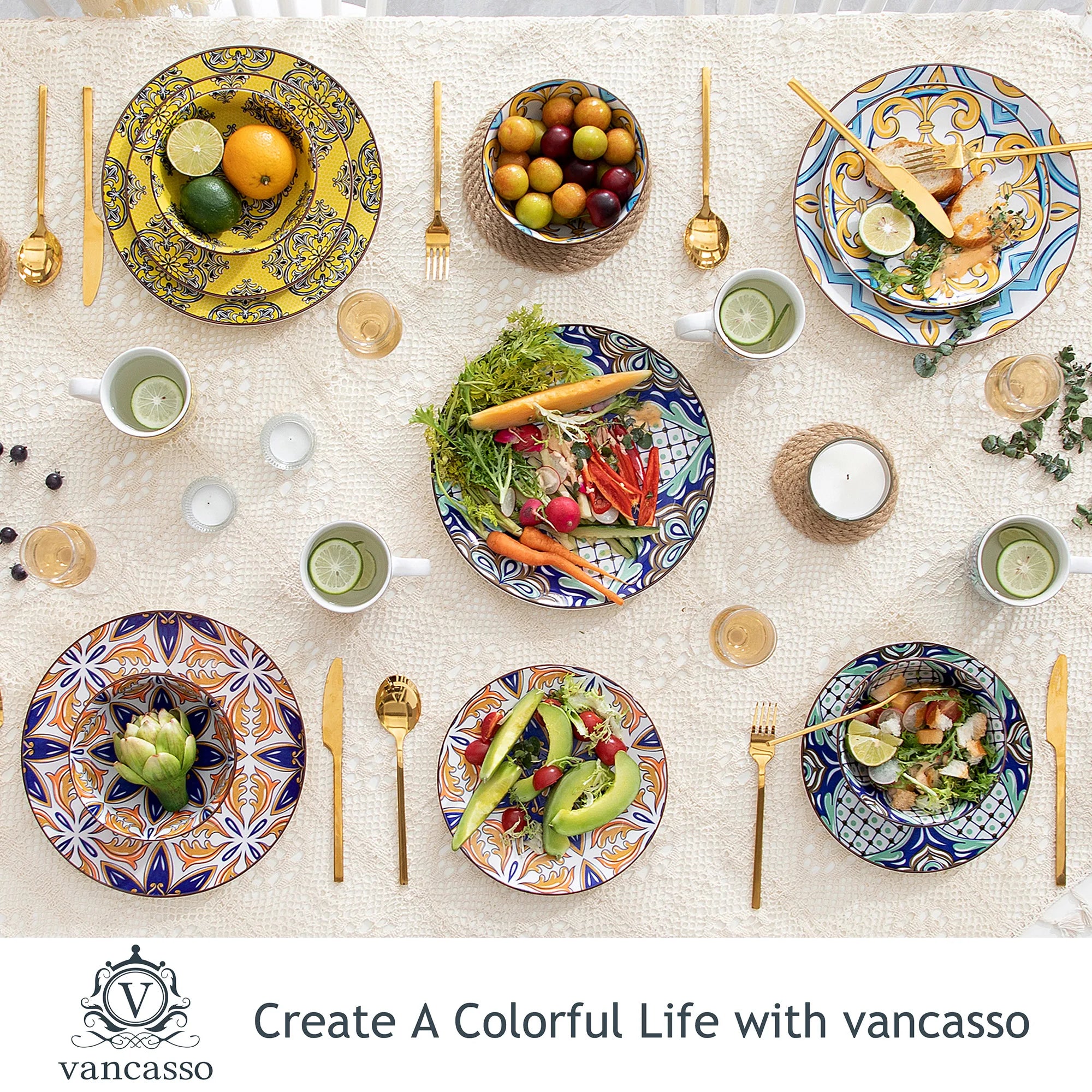 VANCASSO 16/32/48-Stück Jasmin Muster Porzellan Geschirr Geschirr Abendessen Set mit Teller, Dessert Platte, schüssel, Becher Set Geschirrsets Europa CE-zertifiziert Premium Qualitaet Kostenloser Versand