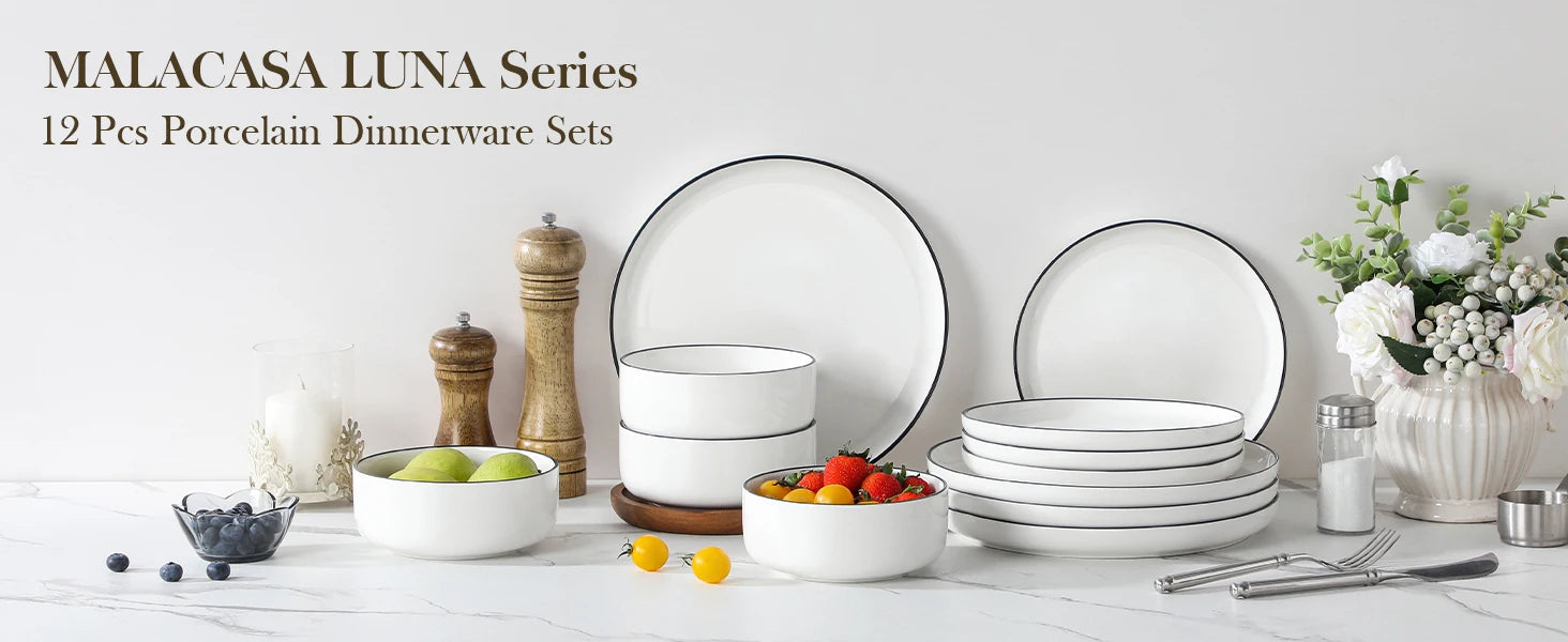 Porzellan MALACASA 12/24-teiliges Geschirrset aus Keramikporzellan mit schwarzem Rand und 4/8-teiligem Abendessen-/Dessertteller/Schüssel-Geschirrset für 4 Personen Geschirrsets Europa CE-zertifiziert Premium Qualitaet Kostenloser Versand