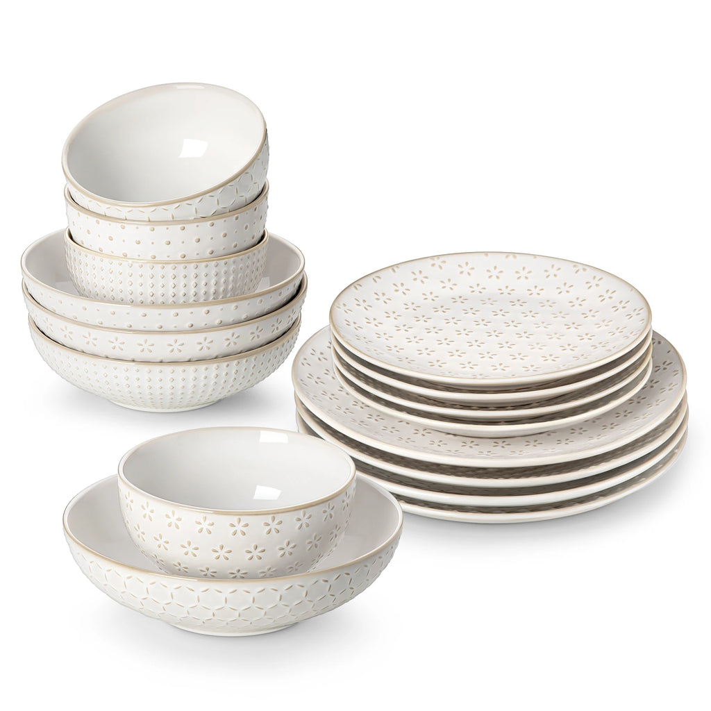 MALACASA LYDIA 12/16-teiliges Keramik-Geschirrset, modernes Relief-Design mit 4/8-teiligem Speiseteller/Dessert/Suppen-/Müslierschüssel Geschirrsets Europa CE-zertifiziert Premium Qualitaet Kostenloser Versand