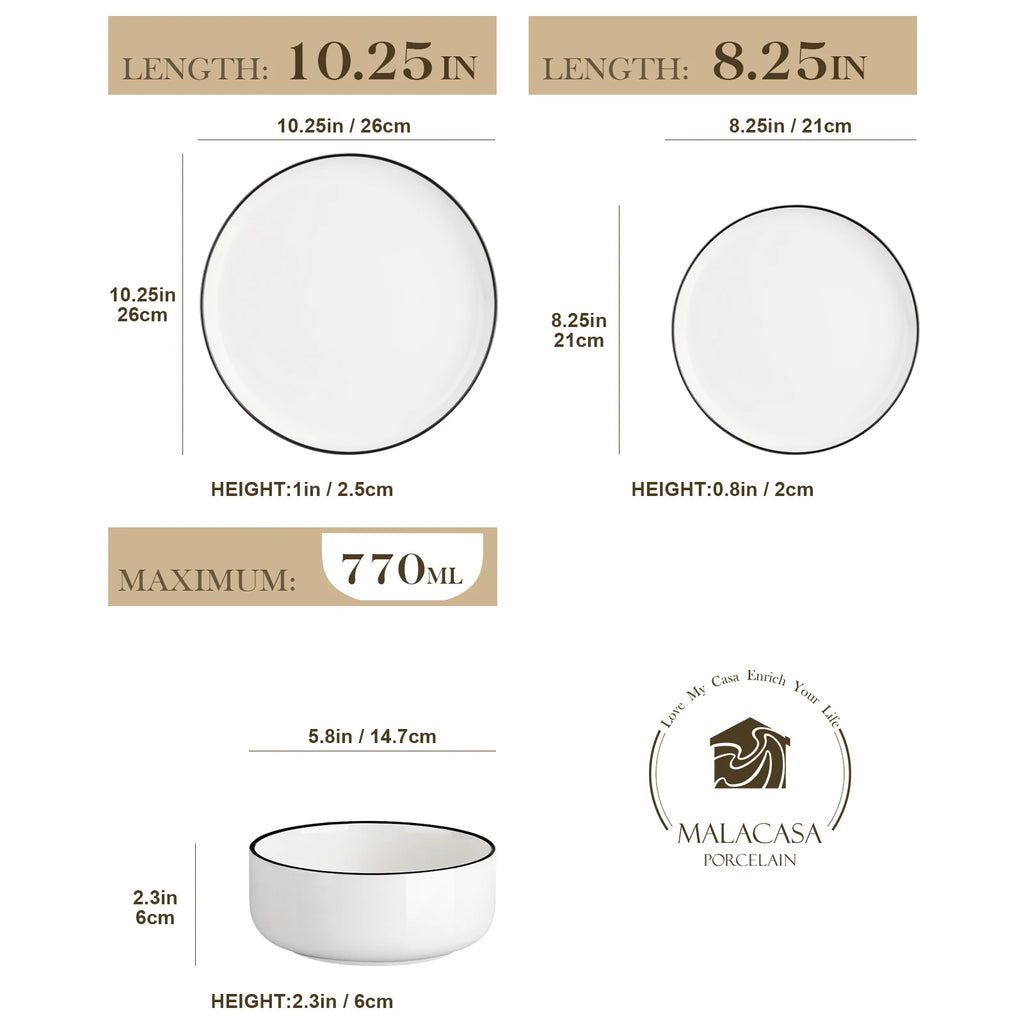 Porzellan MALACASA 12/24-teiliges Geschirrset aus Keramikporzellan mit schwarzem Rand und 4/8-teiligem Abendessen-/Dessertteller/Schüssel-Geschirrset für 4 Personen Geschirrsets Europa CE-zertifiziert Premium Qualitaet Kostenloser Versand