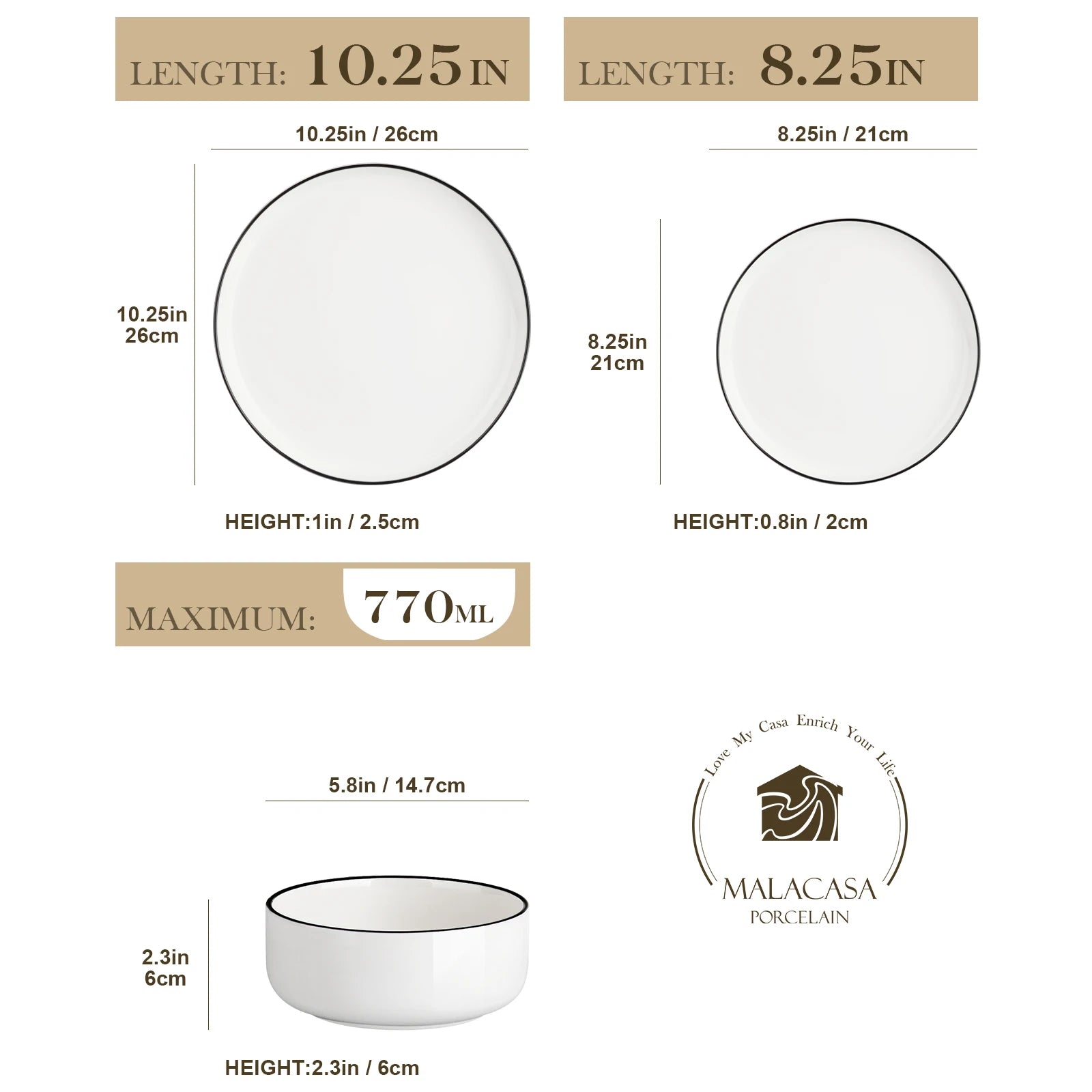 MALACASA 12/24-teiliges Geschirrset aus Keramikporzellan mit schwarzem Rand und 4/8-teiligem Abendessen-/Dessertteller/Schüssel-Geschirrset für 4 Personen Geschirrsets Europa CE-zertifiziert Premium Qualitaet Kostenloser Versand