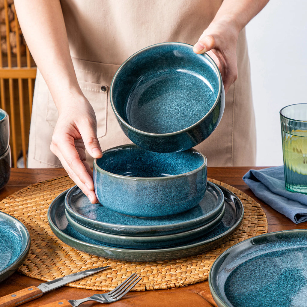 Vancasso Keramik-Teller-Set 12/24-teilig Blaue Reaktivglasur – Vertikale Kante Geschirrsets Europa CE-zertifiziert Premium Qualitaet Kostenloser Versand