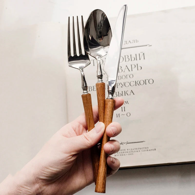 6-teiliges Besteckset mit Holzgriff 304 Geschirrsets Europa CE-zertifiziert Premium Qualitaet Kostenloser Versand