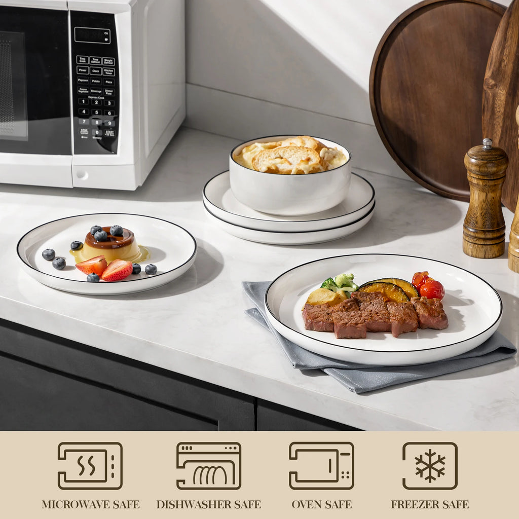 Porzellan MALACASA 12/24-teiliges Geschirrset aus Keramikporzellan mit schwarzem Rand und 4/8-teiligem Abendessen-/Dessertteller/Schüssel-Geschirrset für 4 Personen Geschirrsets Europa CE-zertifiziert Premium Qualitaet Kostenloser Versand