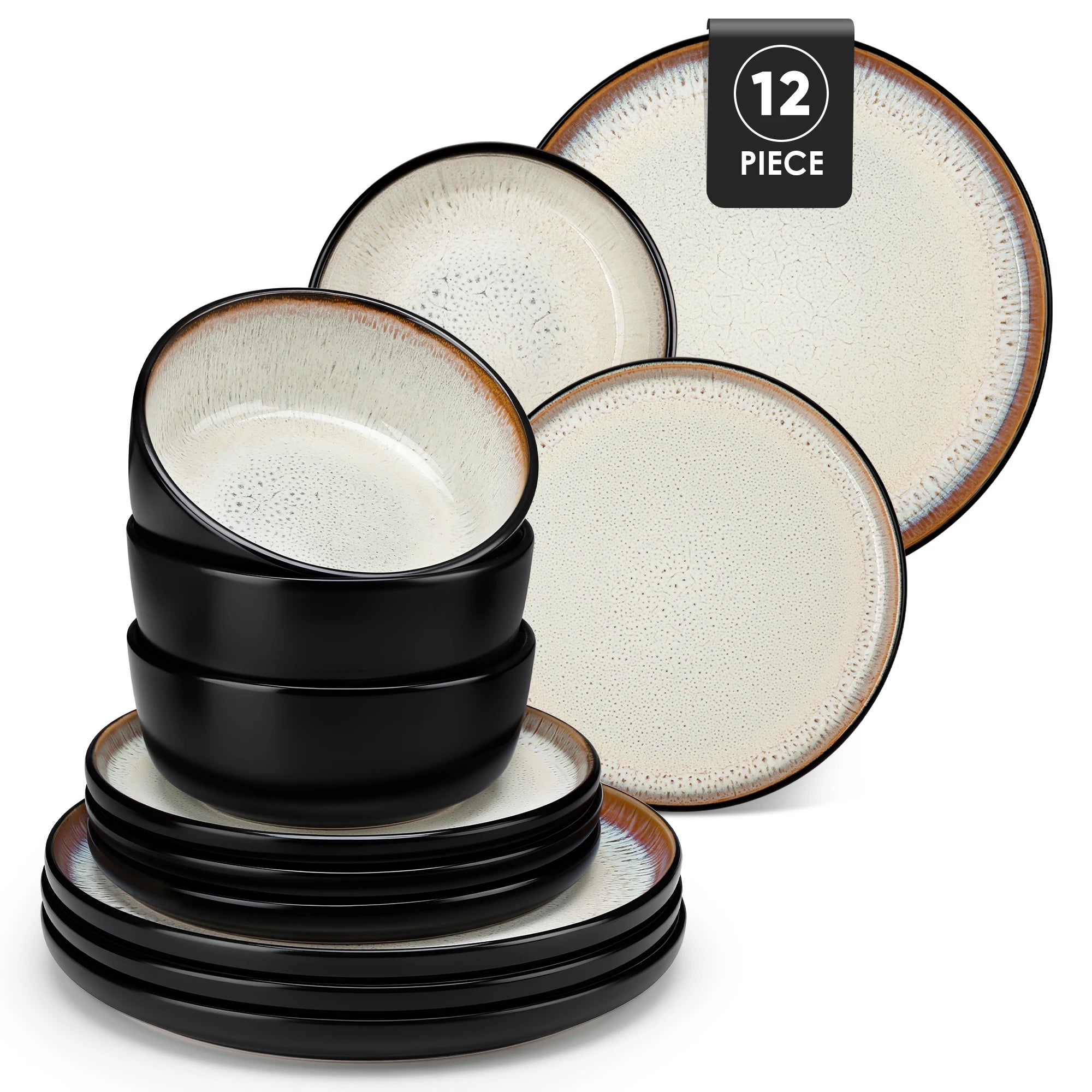 Vancasso AMBER Keramik-Geschirrset 12/16-teilig Mattschwarz Steinzeug – Teller, Dessert, Schüssel, Suppe Geschirrsets Europa CE-zertifiziert Premium Qualitaet Kostenloser Versand