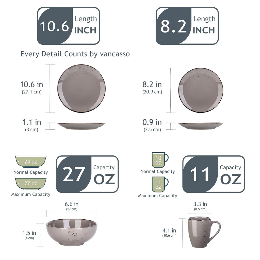Vancasso Navia Grau 16/32/48-Stück Keramik Steinzeug Geschirr Set mit Teller, Dessert Platte, 800ml Schüssel, Becher Geschirr Set Geschirrsets Europa CE-zertifiziert Premium Qualitaet Kostenloser Versand