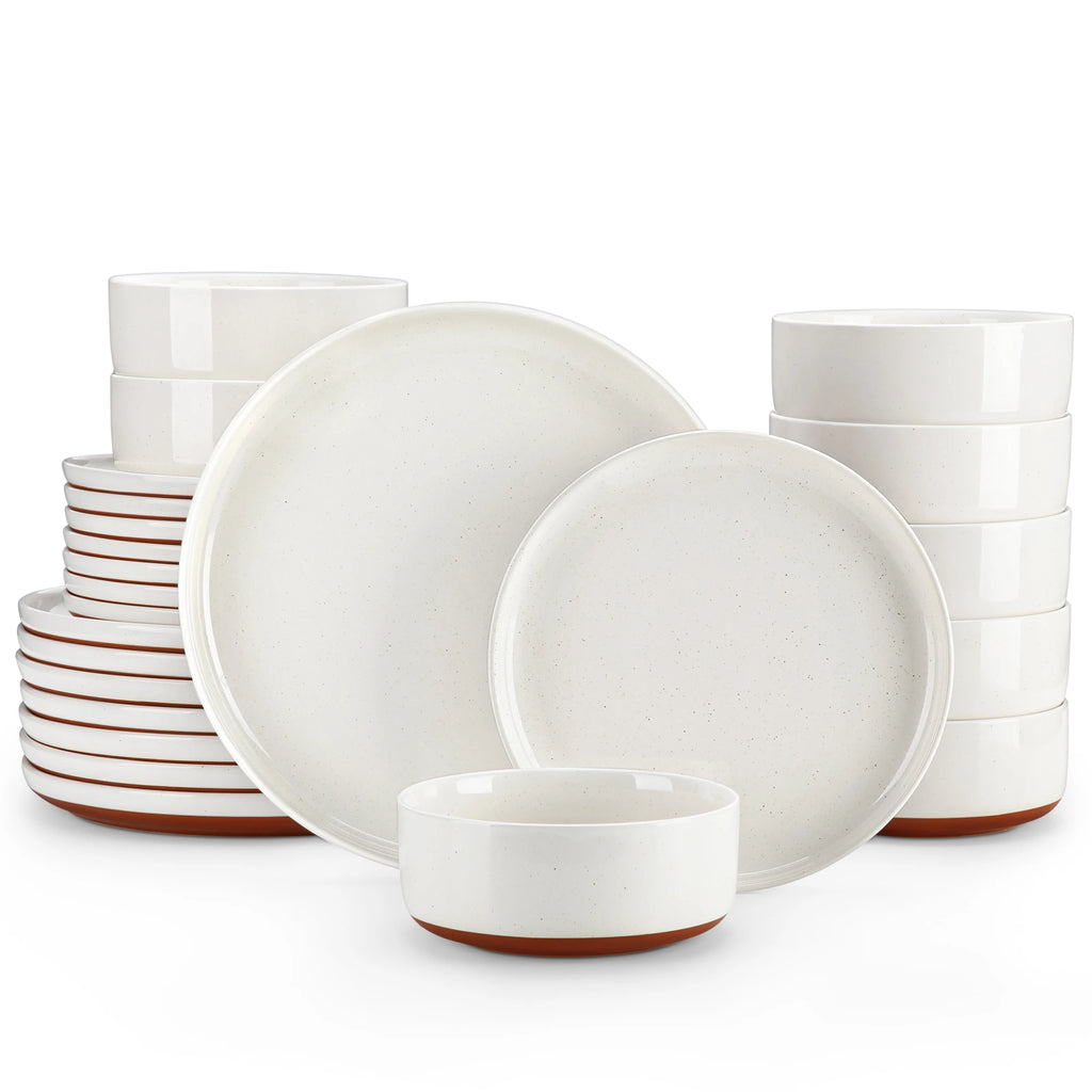 MALACASA TARA 12/24-teiliges Geschirrset mit gebogenem Rand, Sesamglasur, Steinzeug-Teller-Set mit 4/6-teiligem Speiseteller/Dessert/Schüssel Geschirrsets Europa CE-zertifiziert Premium Qualitaet Kostenloser Versand