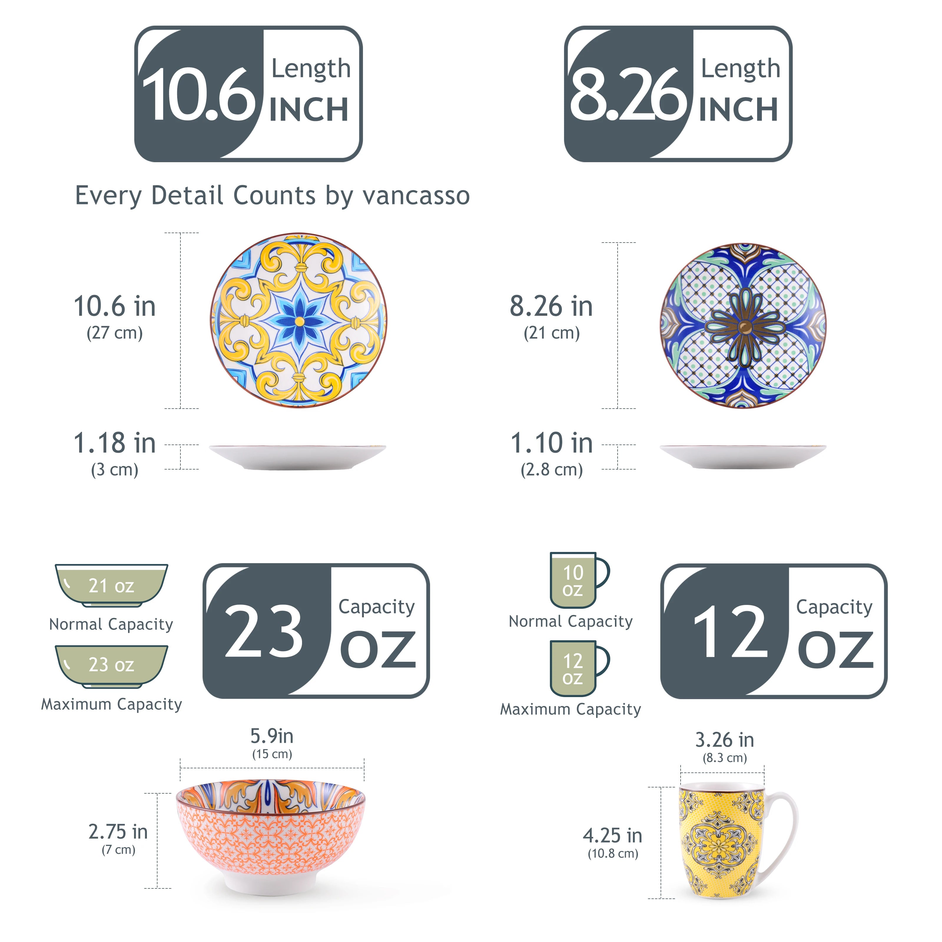 VANCASSO 16/32/48-Stück Jasmin Muster Porzellan Geschirr Geschirr Abendessen Set mit Teller, Dessert Platte, schüssel, Becher Set Geschirrsets Europa CE-zertifiziert Premium Qualitaet Kostenloser Versand