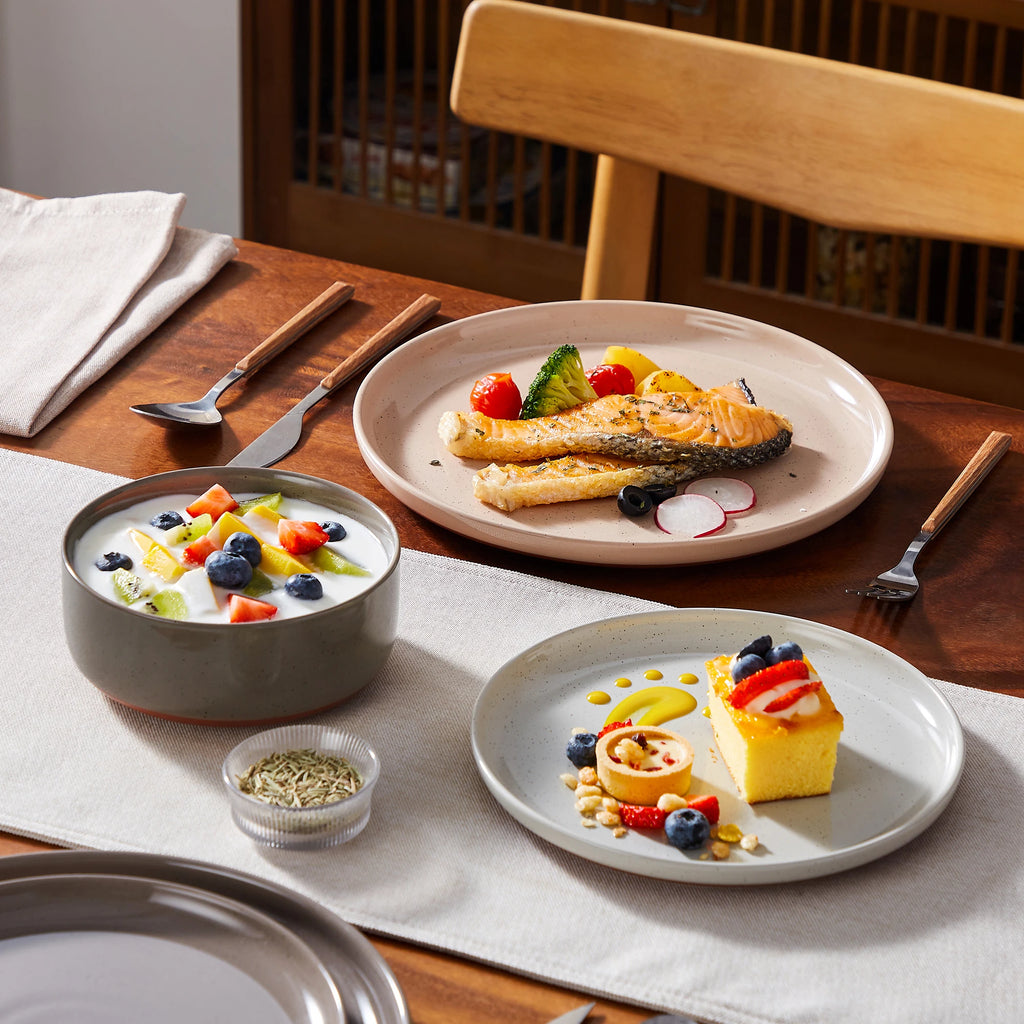 MALACASA TARA 12/24-teiliges Geschirrset mit gebogenem Rand, Sesamglasur, Steinzeug-Teller-Set mit 4/6-teiligem Speiseteller/Dessert/Schüssel Geschirrsets Europa CE-zertifiziert Premium Qualitaet Kostenloser Versand