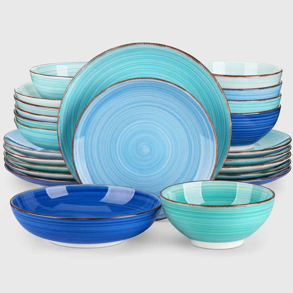 Vancasso Keramik-Geschirrset 48-teilig Farbig Handbemalt – Spiralmuster Teller, Dessert, Schüssel, Suppenteller Geschirrsets Europa CE-zertifiziert Premium Qualitaet Kostenloser Versand