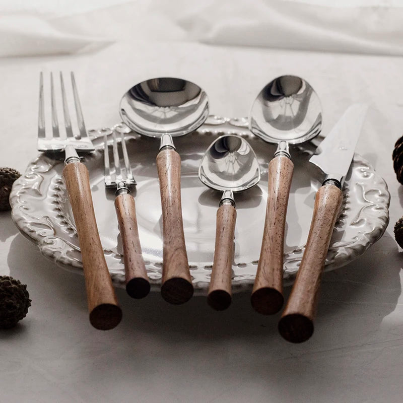 Premium Edelstahl 6-teiliges Besteckset mit Holzgriff 304 Geschirrsets Europa CE-zertifiziert Premium Qualitaet Kostenloser Versand