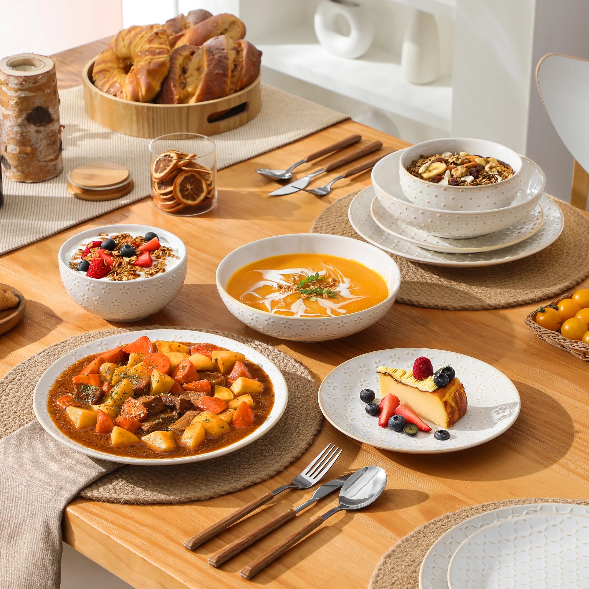 MALACASA LYDIA 12/16-teiliges Keramik-Geschirrset, modernes Relief-Design mit 4/8-teiligem Speiseteller/Dessert/Suppen-/Müslierschüssel Geschirrsets Europa CE-zertifiziert Premium Qualitaet Kostenloser Versand