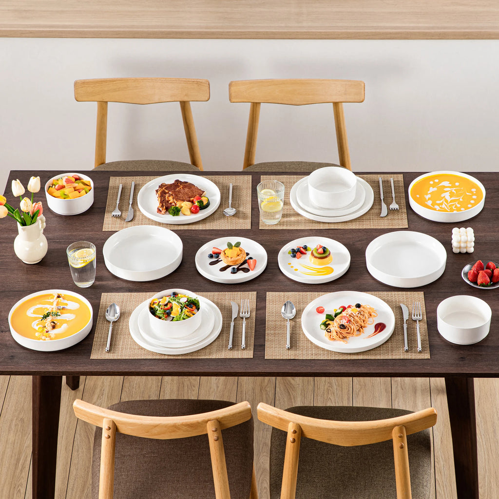 MALACASA 12/16/18/24-teiliges Speiseteller-Set, schwarzer Rand, halbstehende Kante, Geschirr mit 4/6 Stück Speiseteller/Dessert/Suppe/Schüssel Geschirrsets Europa CE-zertifiziert Premium Qualitaet Kostenloser Versand