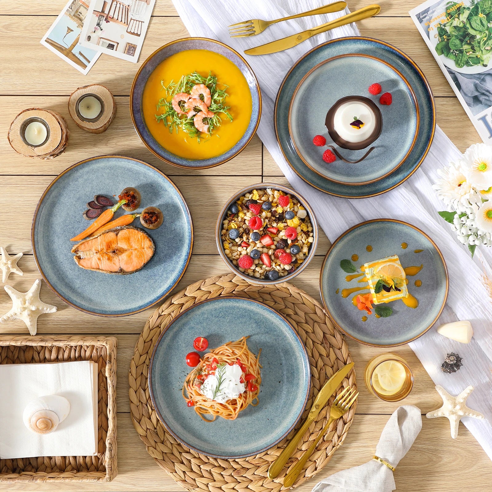 Vancasso Steinzeug-Teller-Set 12/16/18/24-teilig Grau-Blau Reaktivglasur – Speiseteller, Dessert, Schüssel Geschirrsets Europa CE-zertifiziert Premium Qualitaet Kostenloser Versand