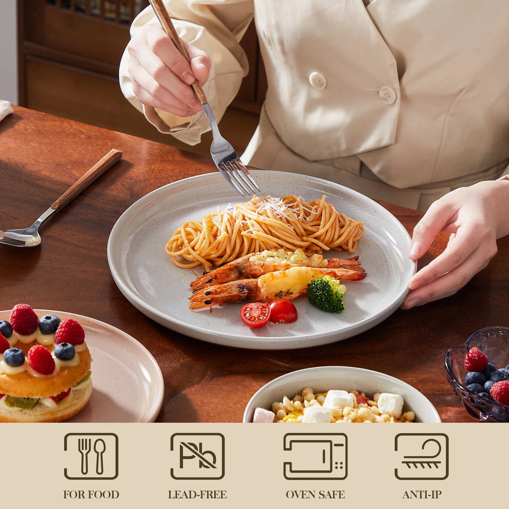 MALACASA TARA 12/24-teiliges Geschirrset mit gebogenem Rand, Sesamglasur, Steinzeug-Teller-Set mit 4/6-teiligem Speiseteller/Dessert/Schüssel Geschirrsets Europa CE-zertifiziert Premium Qualitaet Kostenloser Versand