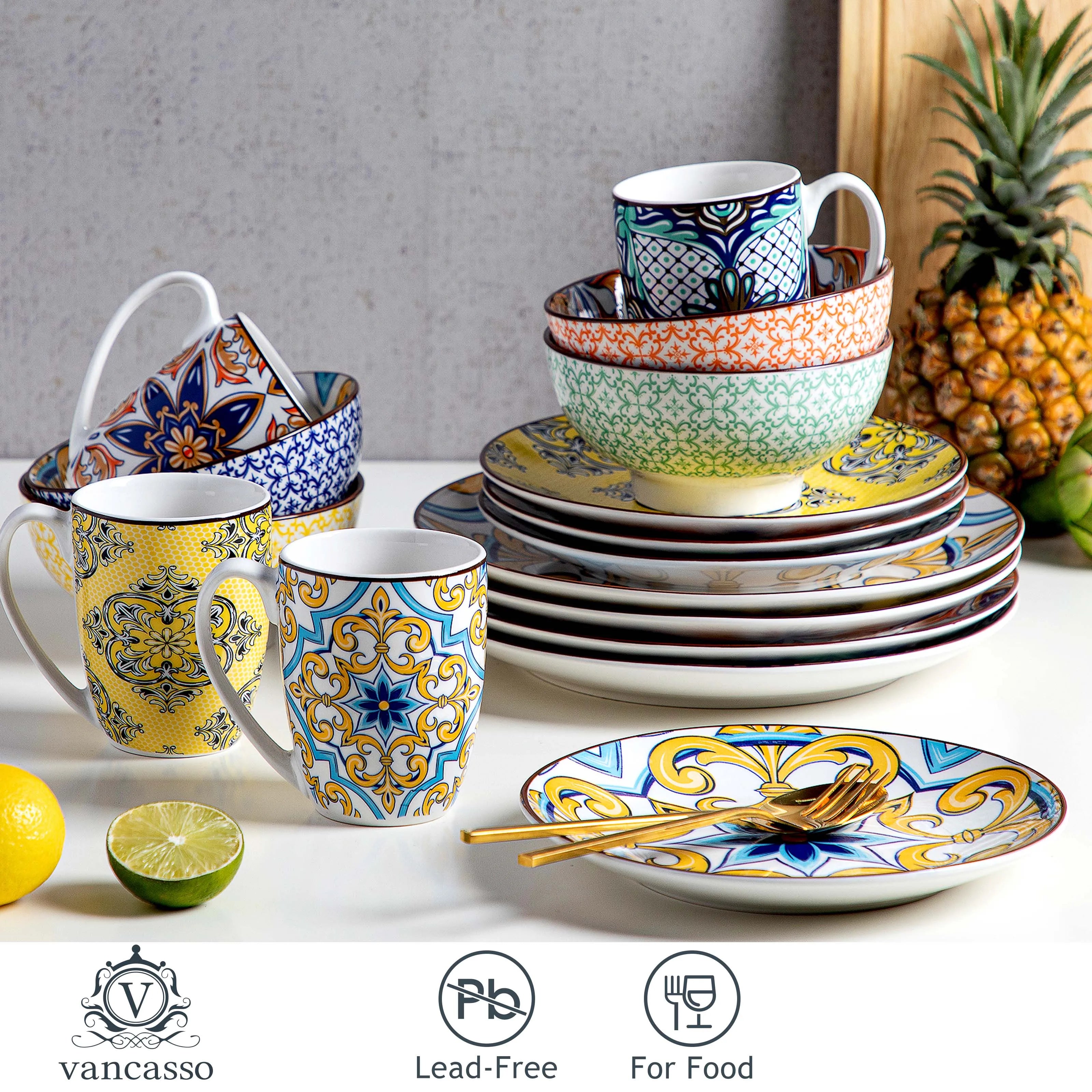 VANCASSO 16/32/48-Stück Jasmin Muster Porzellan Geschirr Geschirr Abendessen Set mit Teller, Dessert Platte, schüssel, Becher Set Geschirrsets Europa CE-zertifiziert Premium Qualitaet Kostenloser Versand