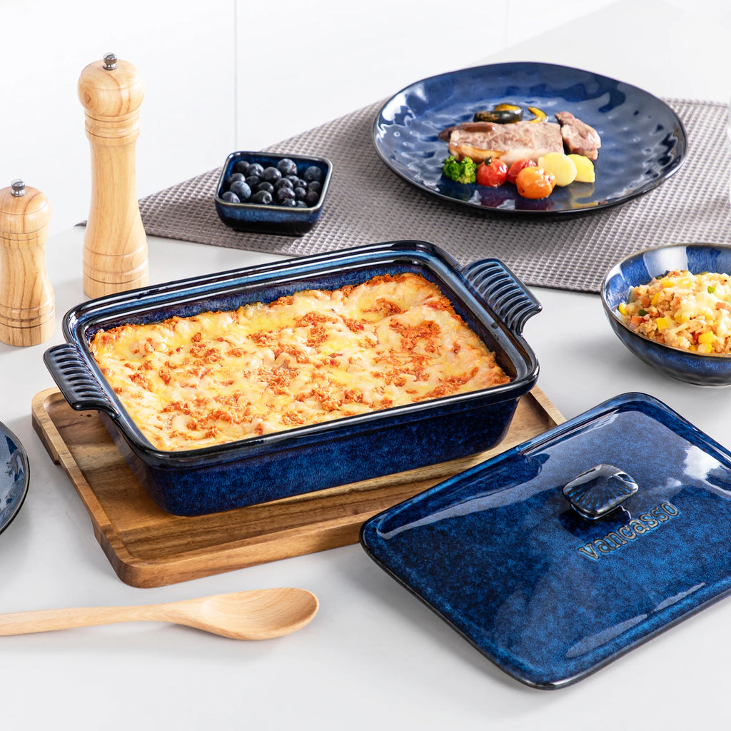Vancasso Starry Auflaufform 3,8 Quart Blau – Lasagne-Pfanne mit Deckel Steingut Geschirrsets Europa CE-zertifiziert Premium Qualitaet Kostenloser Versand
