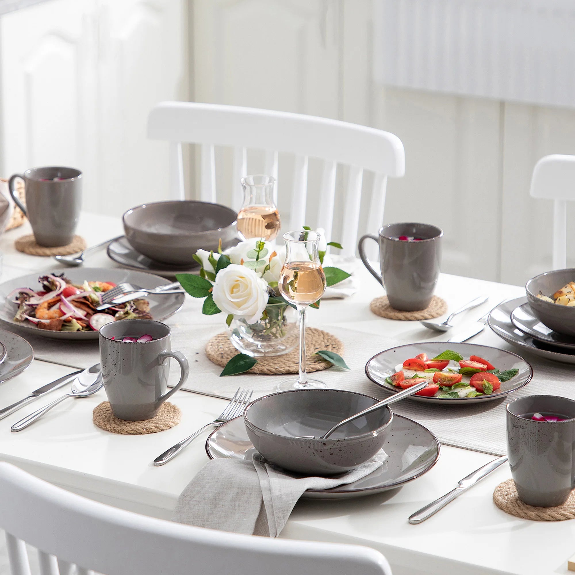 Vancasso Navia Grau 16/32/48-Stück Keramik Steinzeug Geschirr Set mit Teller, Dessert Platte, 800ml Schüssel, Becher Geschirr Set Geschirrsets Europa CE-zertifiziert Premium Qualitaet Kostenloser Versand