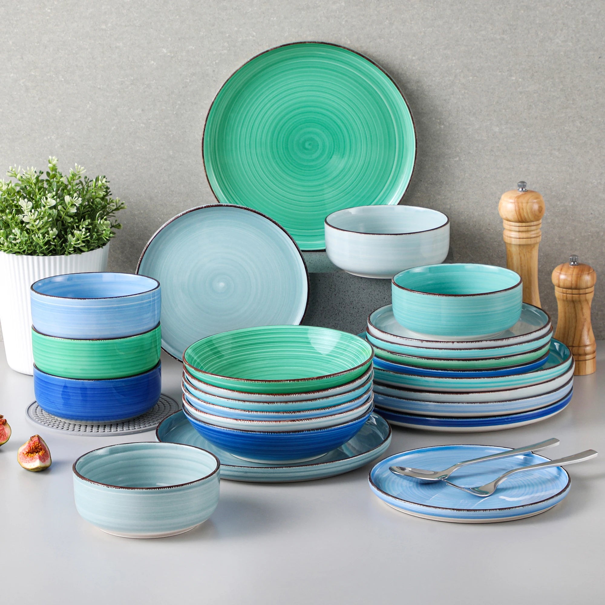 Vancasso Keramik-Geschirrset 12/18/24-teilig Farbig Handbemalt – Spiralmuster Teller, Dessert, Schüssel, Suppenteller Geschirrsets Europa CE-zertifiziert Premium Qualitaet Kostenloser Versand