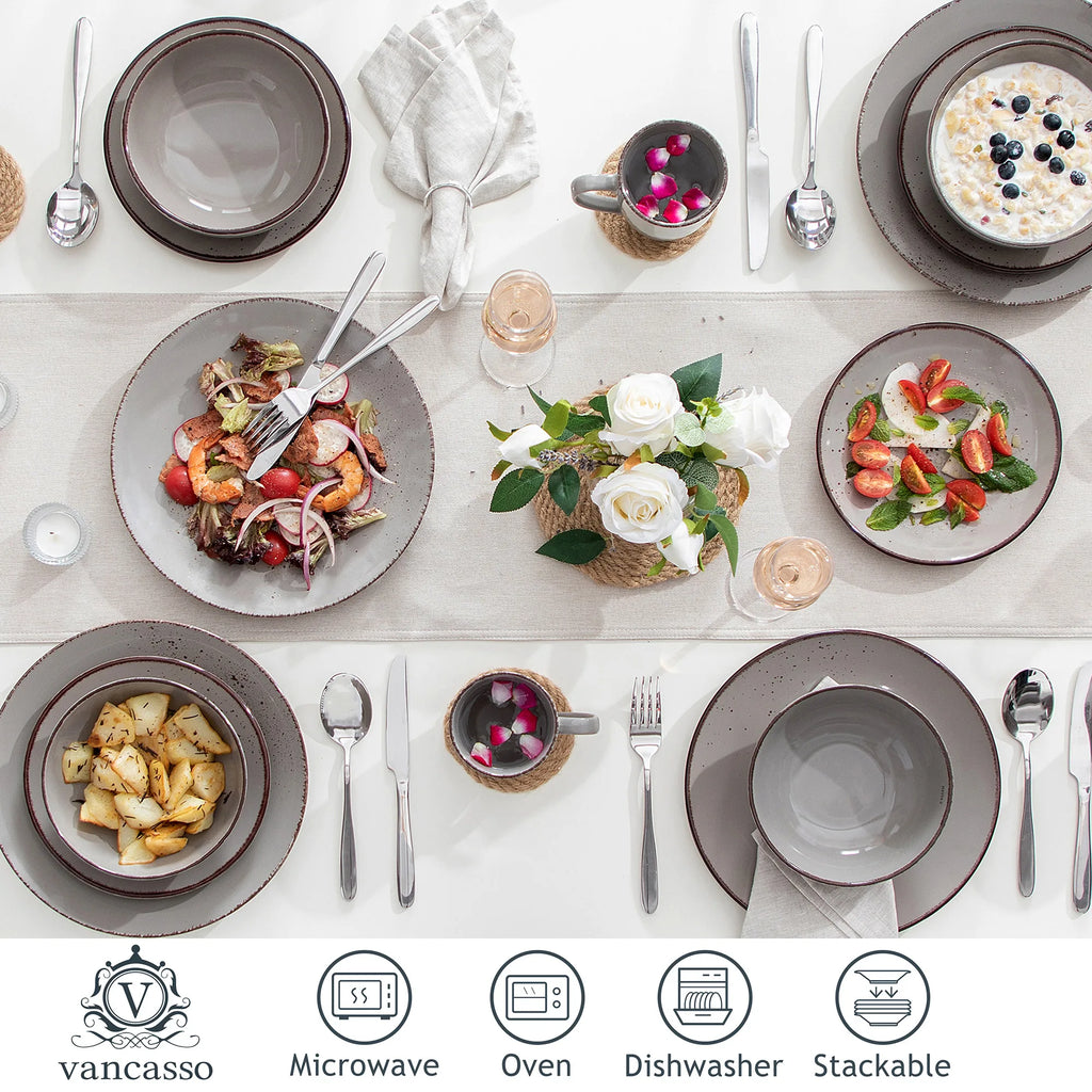 Vancasso Navia Grau 16/32/48-Stück Keramik Steinzeug Geschirr Set mit Teller, Dessert Platte, 800ml Schüssel, Becher Geschirr Set Geschirrsets Europa CE-zertifiziert Premium Qualitaet Kostenloser Versand