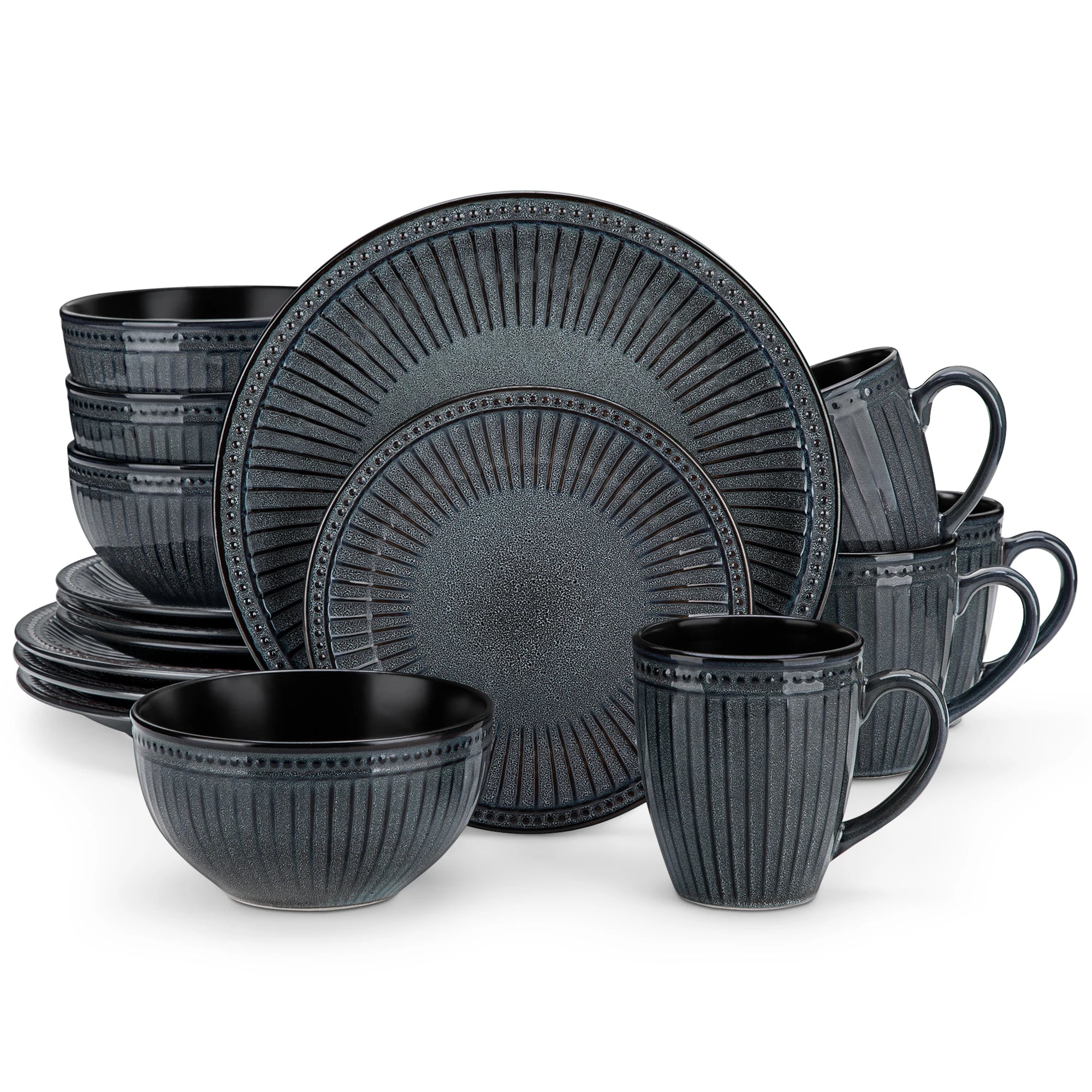 Vancasso Relief Keramik Teller-Set 16/32-teilig Schwarz – Teller, Dessert, Müsli, Becher Geschirrsets Europa CE-zertifiziert Premium Qualitaet Kostenloser Versand