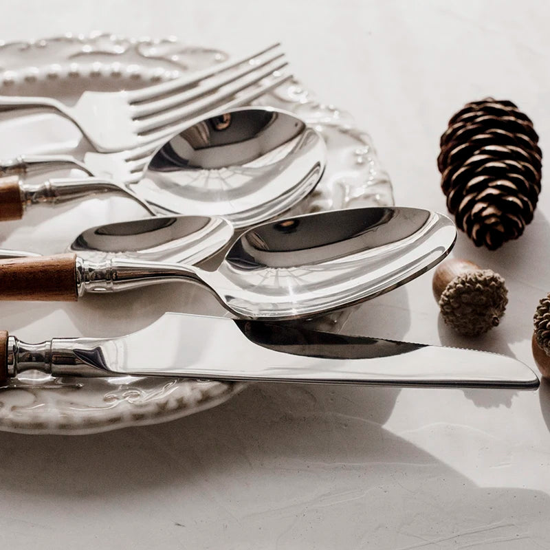 6-teiliges Besteckset mit Holzgriff 304 Geschirrsets Europa CE-zertifiziert Premium Qualitaet Kostenloser Versand