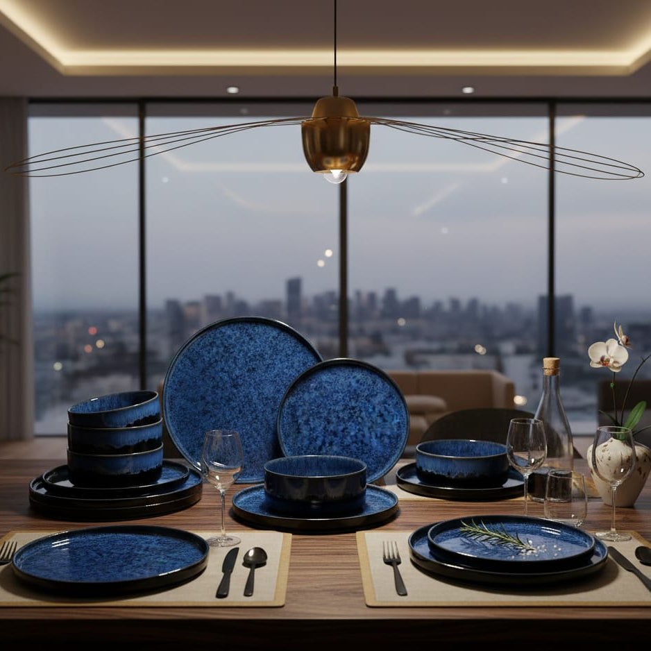 Набор посуды Vancasso из 12/24 предметов, черный, синий, реактивная глазурь, вертикальный ободок, набор посуды с 4 предметами: обеденная тарелка/десертная тарелка/миска.