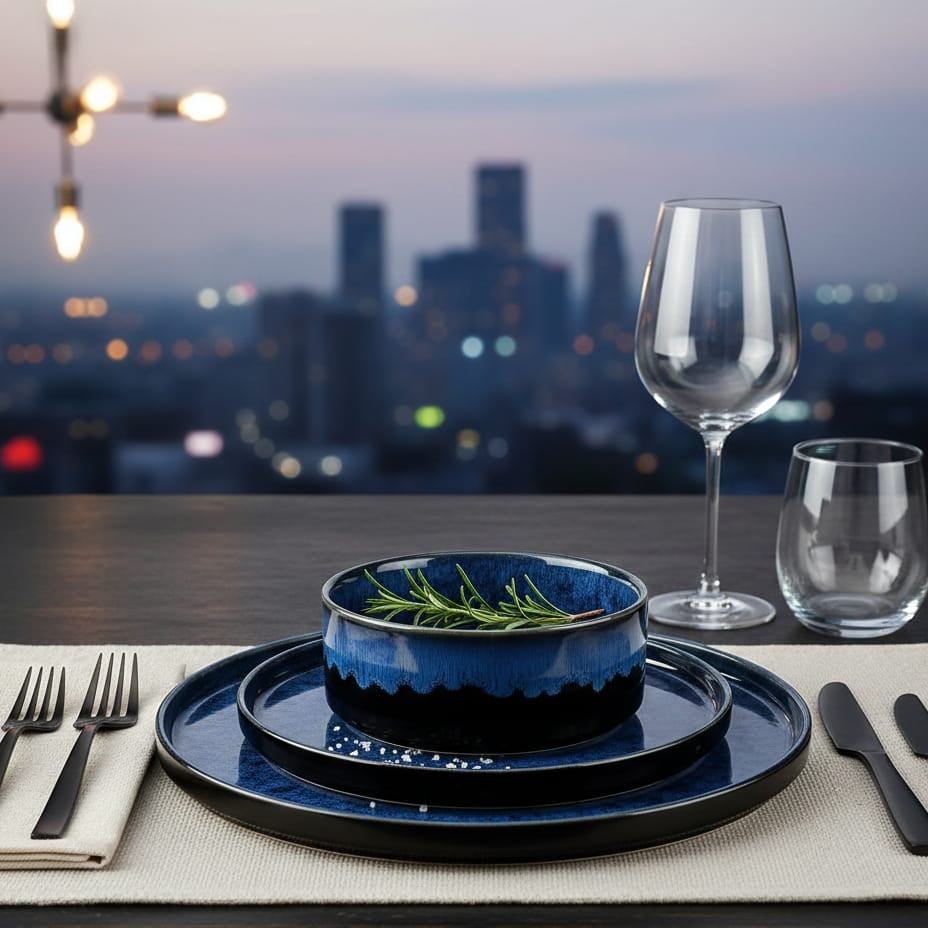 Набор посуды Vancasso из 12/24 предметов, черный, синий, реактивная глазурь, вертикальный ободок, набор посуды с 4 предметами: обеденная тарелка/десертная тарелка/миска.