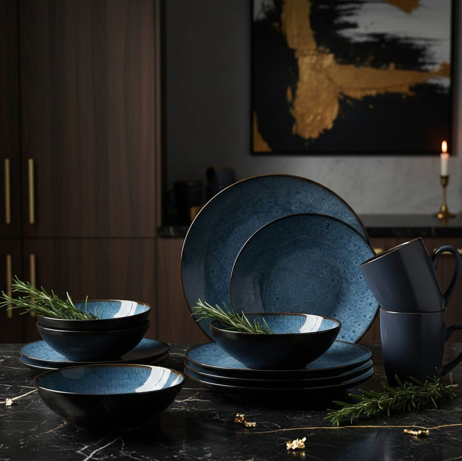 Vancasso Keramik Geschirrset Vintage Blau-Braun 32 Teile